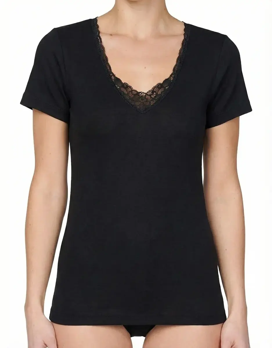 Entex dames thermo shirt korte mouw met kant - Wollen thermisch ondergoed dames