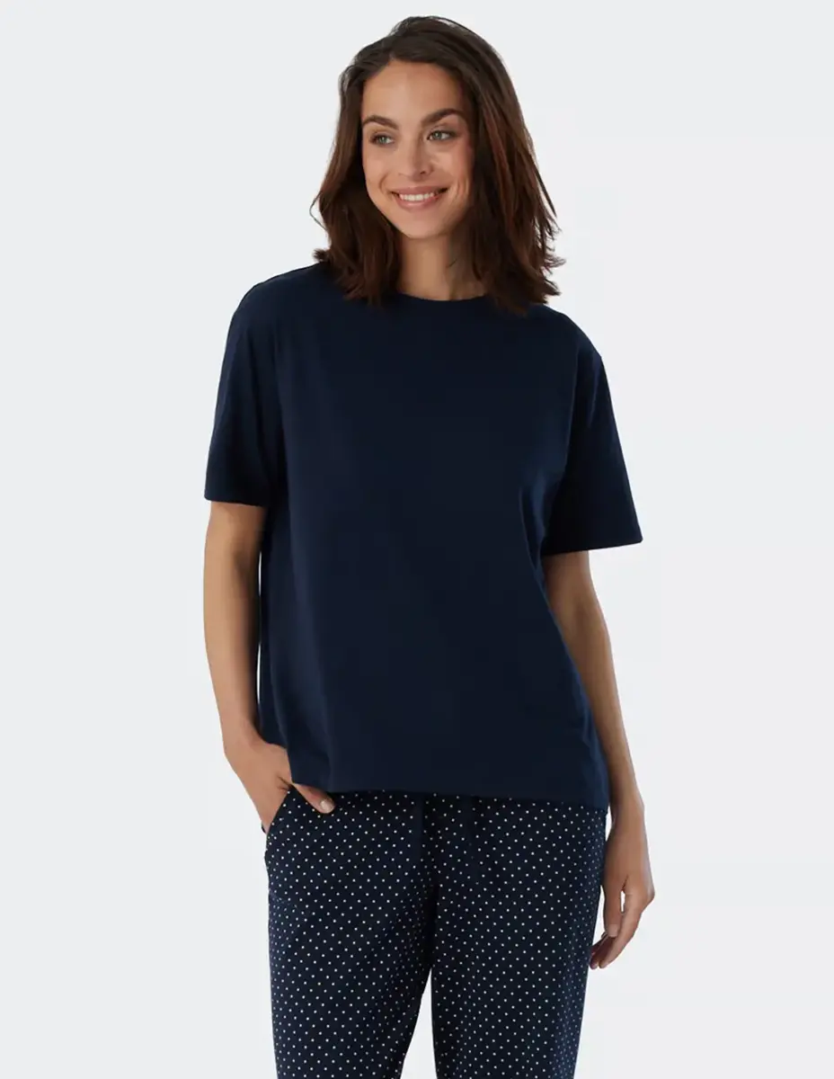 Schiesser dames pyjamashirt korte mouw - Mix & Relax - Los wijd katoenen pyjama shirt donkerblauw