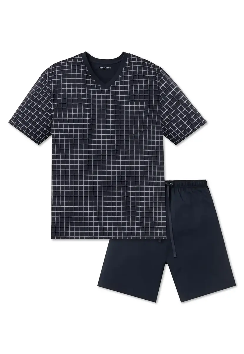 Schiesser heren shortama - Ebony Blue - Ruit - Katoenen zomer pyjama korte broek korte mouw
