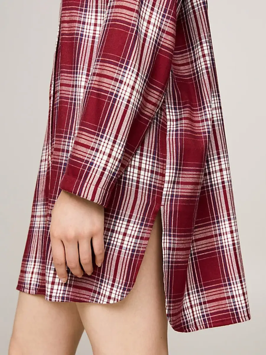 Tommy Hilfiger Dames flanellen nachthemd lange mouw - Ruit Rood - Knoopsluiting