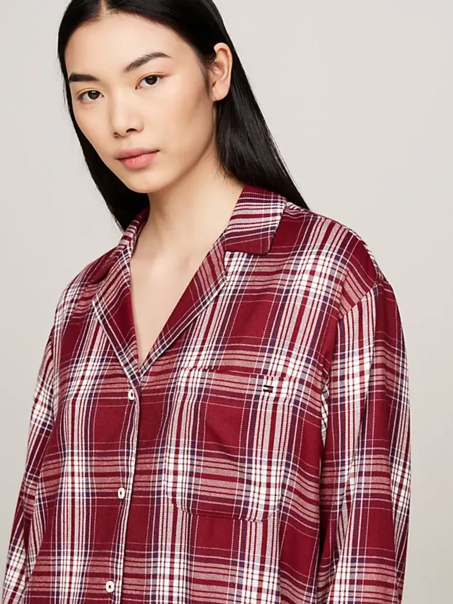 Tommy Hilfiger Dames flanellen nachthemd lange mouw - Ruit Rood - Knoopsluiting