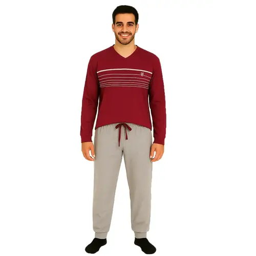 M.E.Q. Heren pyjama lange mouwen katoen - V-hals - Rood