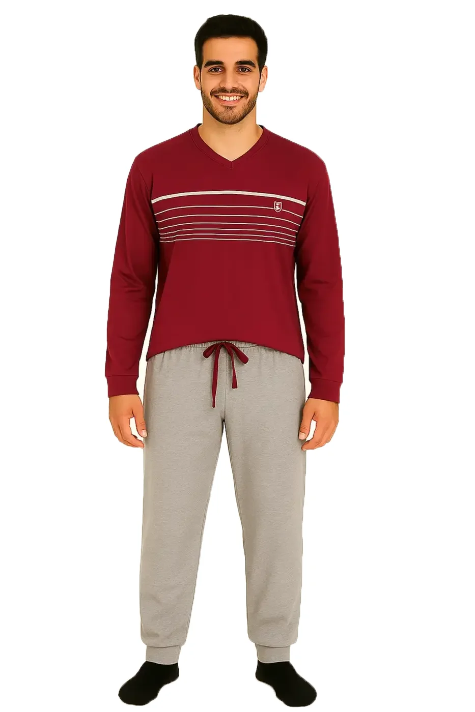 M.E.Q. Heren pyjama lange mouwen katoen - V-hals - Rood