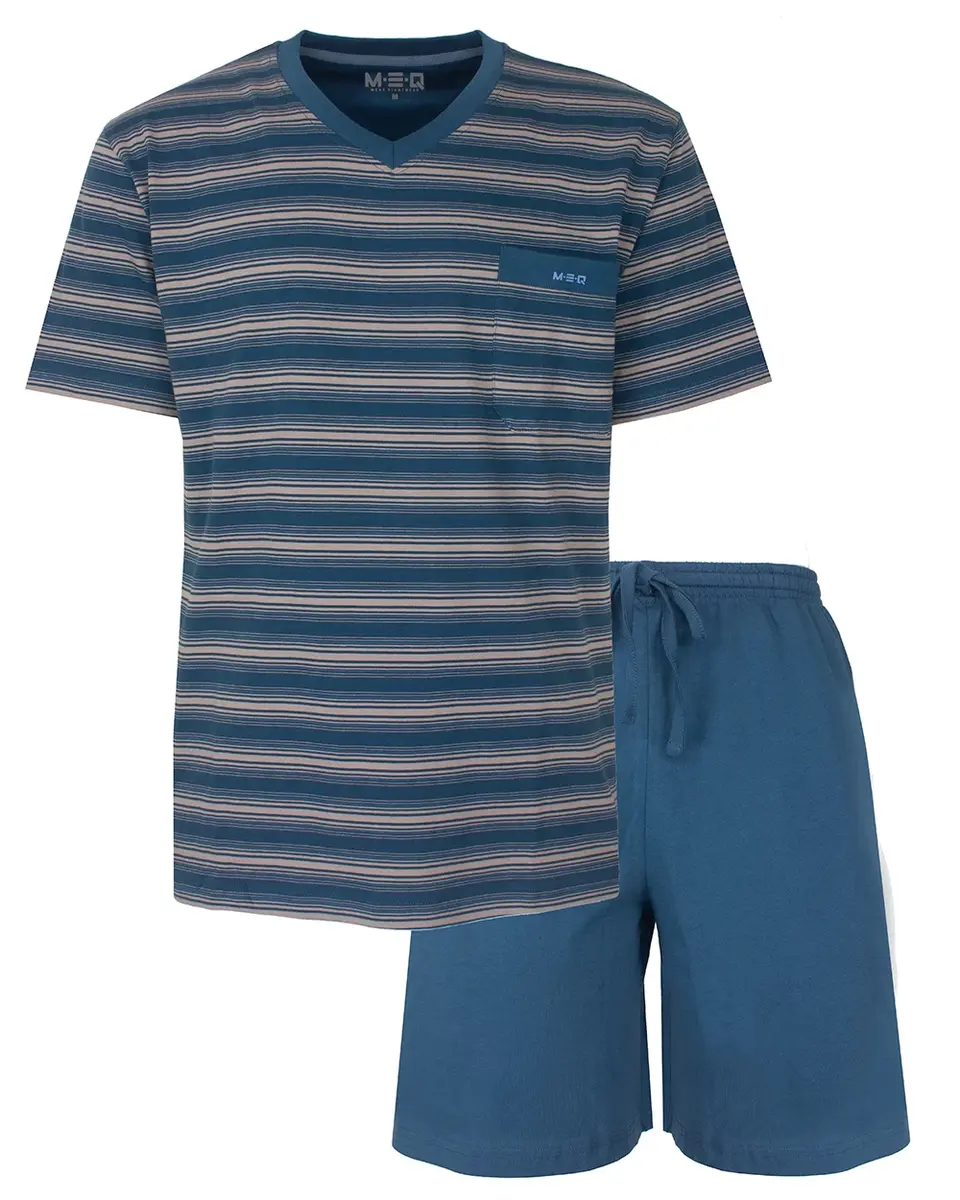 M.E.Q. Heren shortama katoen - V-hals - Blue Summer