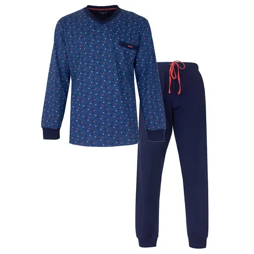 M.E.Q. Heren pyjama lange mouwen katoen V-hals - Blue logo