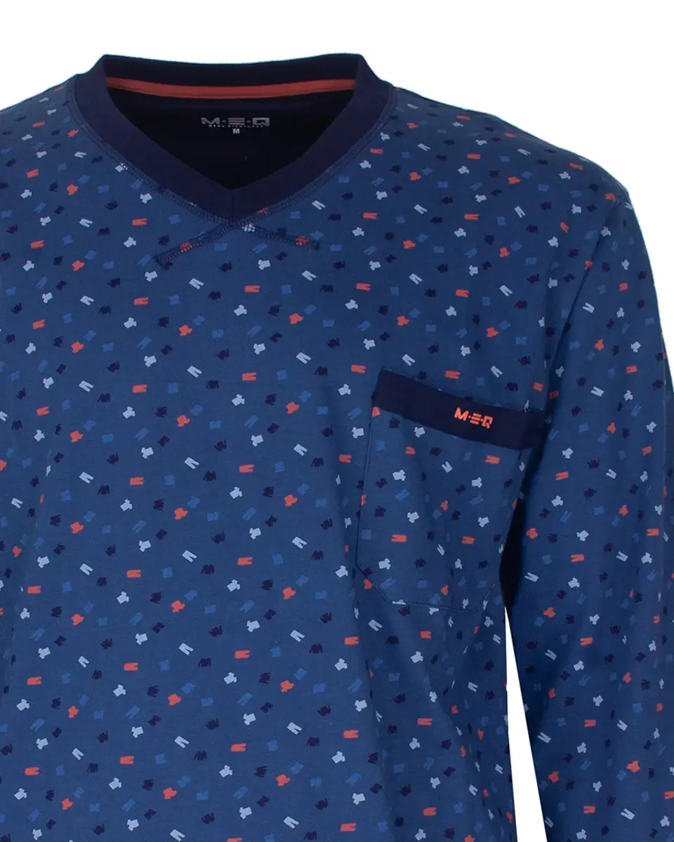 M.E.Q. Heren pyjama lange mouwen katoen V-hals - Blue logo
