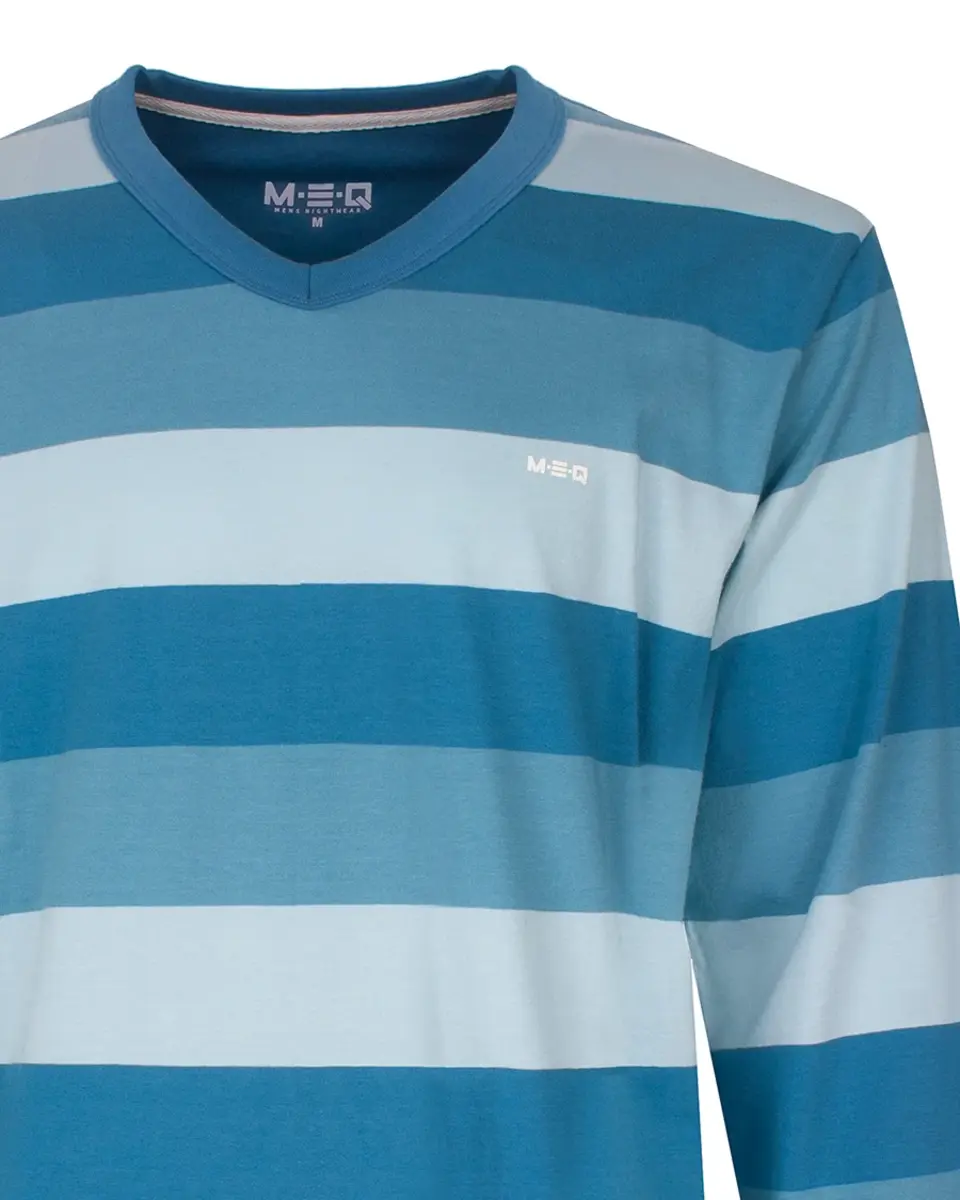 M.E.Q. Heren pyjama lange mouwen katoen V-hals - Aqua blue