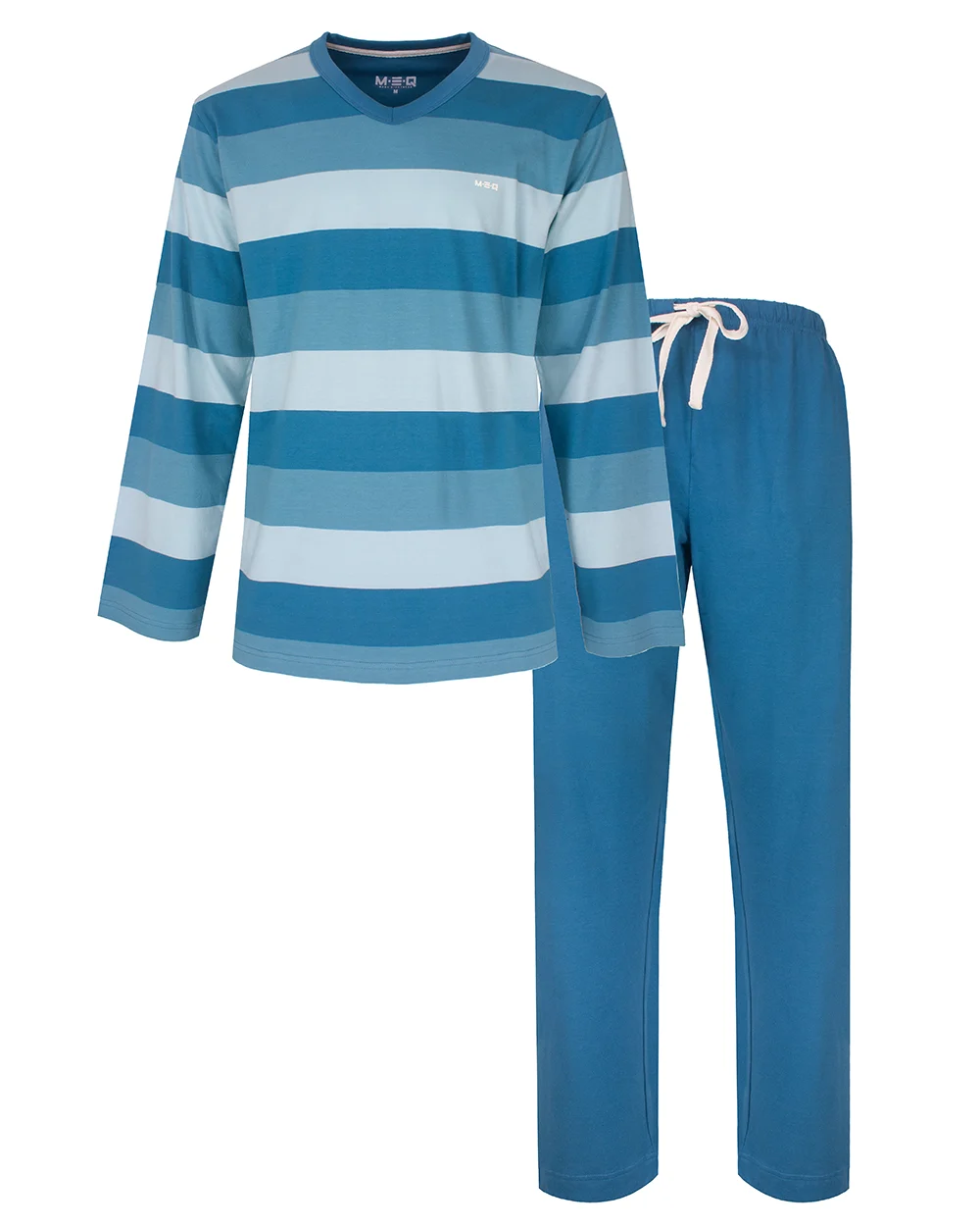 M.E.Q. Heren pyjama lange mouwen katoen V-hals - Aqua blue