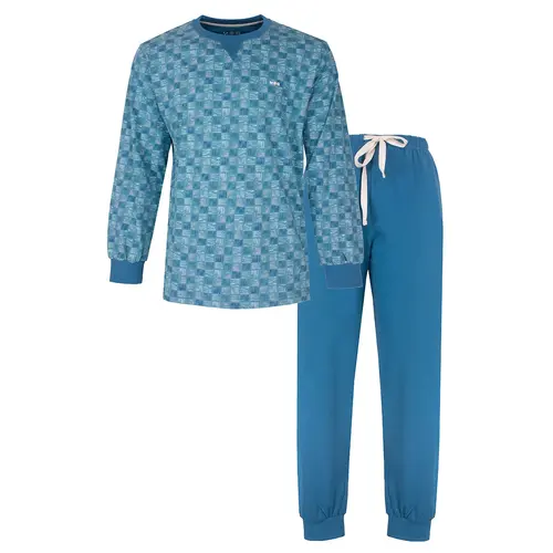 M.E.Q. Heren pyjama lange mouwen katoen - Aqua Squares