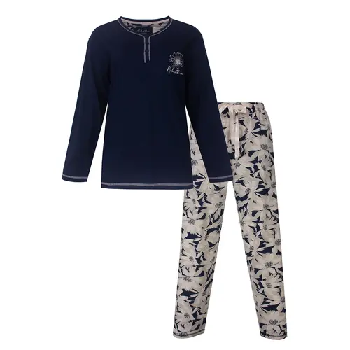 Medaillion dames pyjama lange mouw katoen - Blue flower