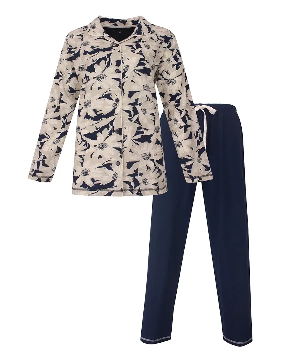 Medaillion dames pyjama - Doorknoop knoopsluiting - Blue flower
