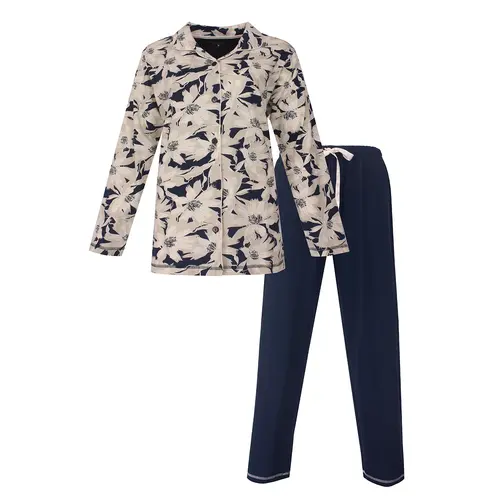 Medaillion dames pyjama - Doorknoop knoopsluiting - Blue flower