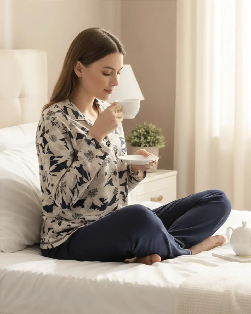 Medaillion dames pyjama - Doorknoop knoopsluiting - Blue flower