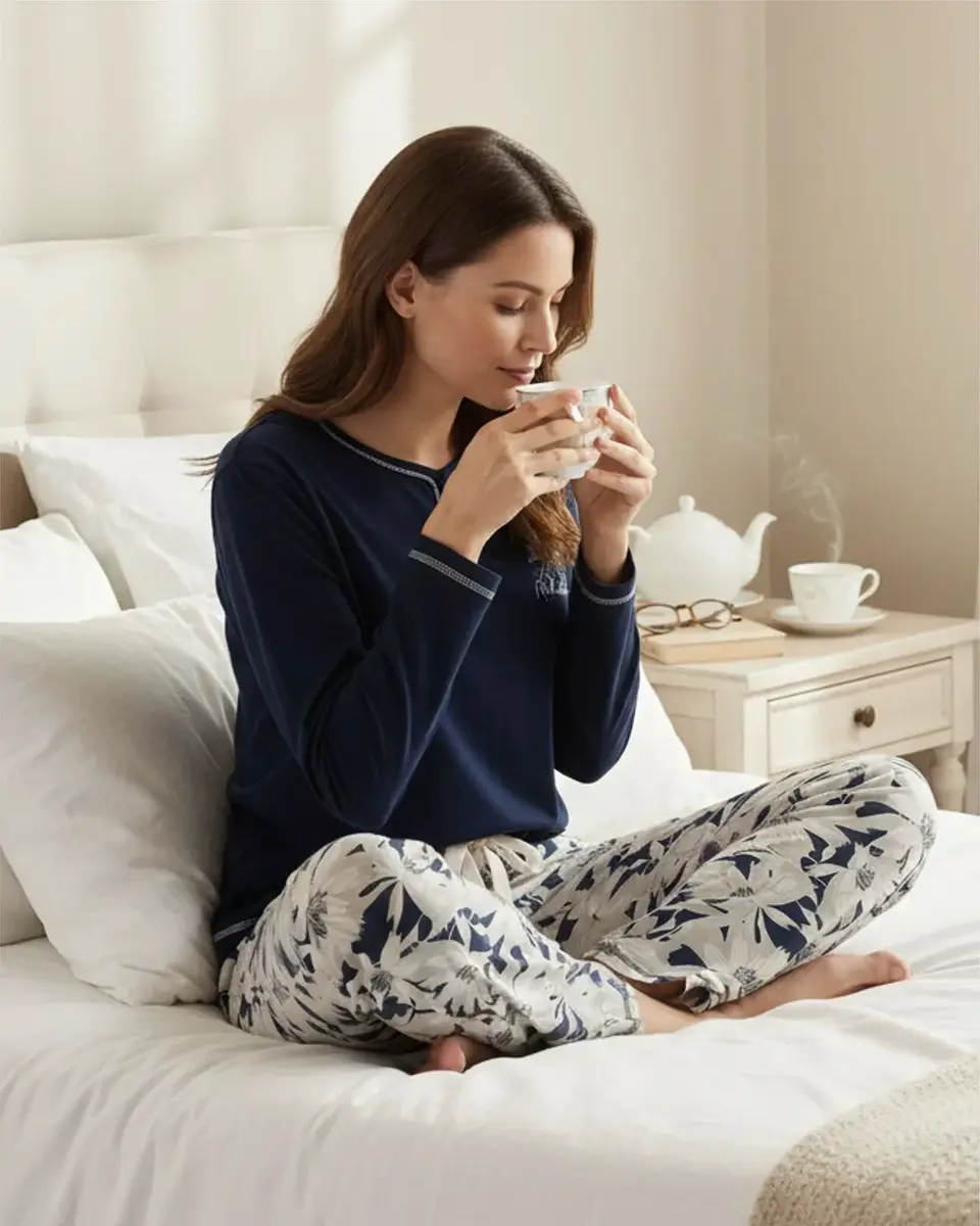 Medaillion dames pyjama lange mouw katoen - Blue flower