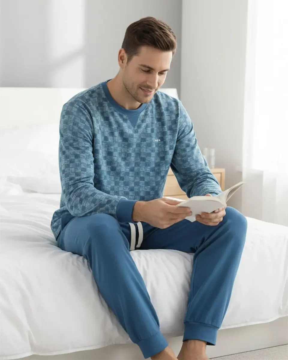 M.E.Q. Heren pyjama lange mouwen katoen - Aqua Squares