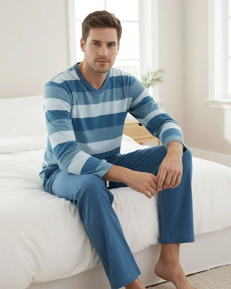 M.E.Q. Heren pyjama lange mouwen katoen V-hals - Aqua blue