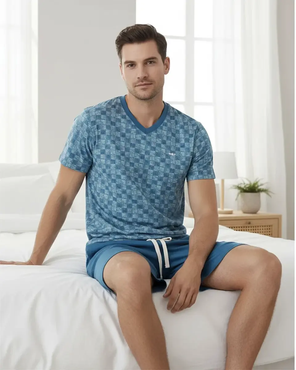 M.E.Q. Heren shortama katoen - V-hals - Blue Ocean