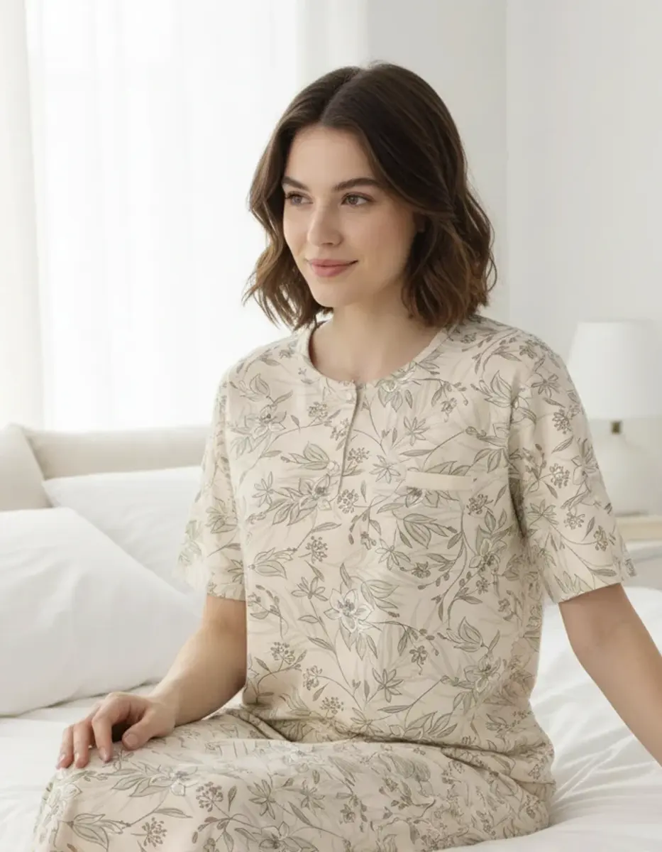 Tenora dames nachthemd knoopsluiting - korte mouw - Beige