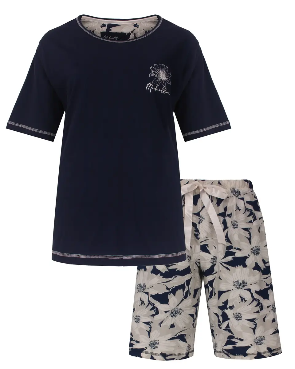 Medaillon dames shortama katoen - "Bloem" Korte mouwen - Korte broek