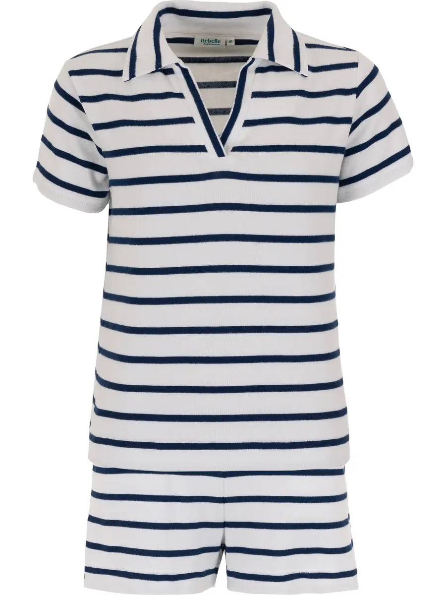 Rebelle dames shortama - Blue Bay - Wit gestreept -  Zomer pyjama