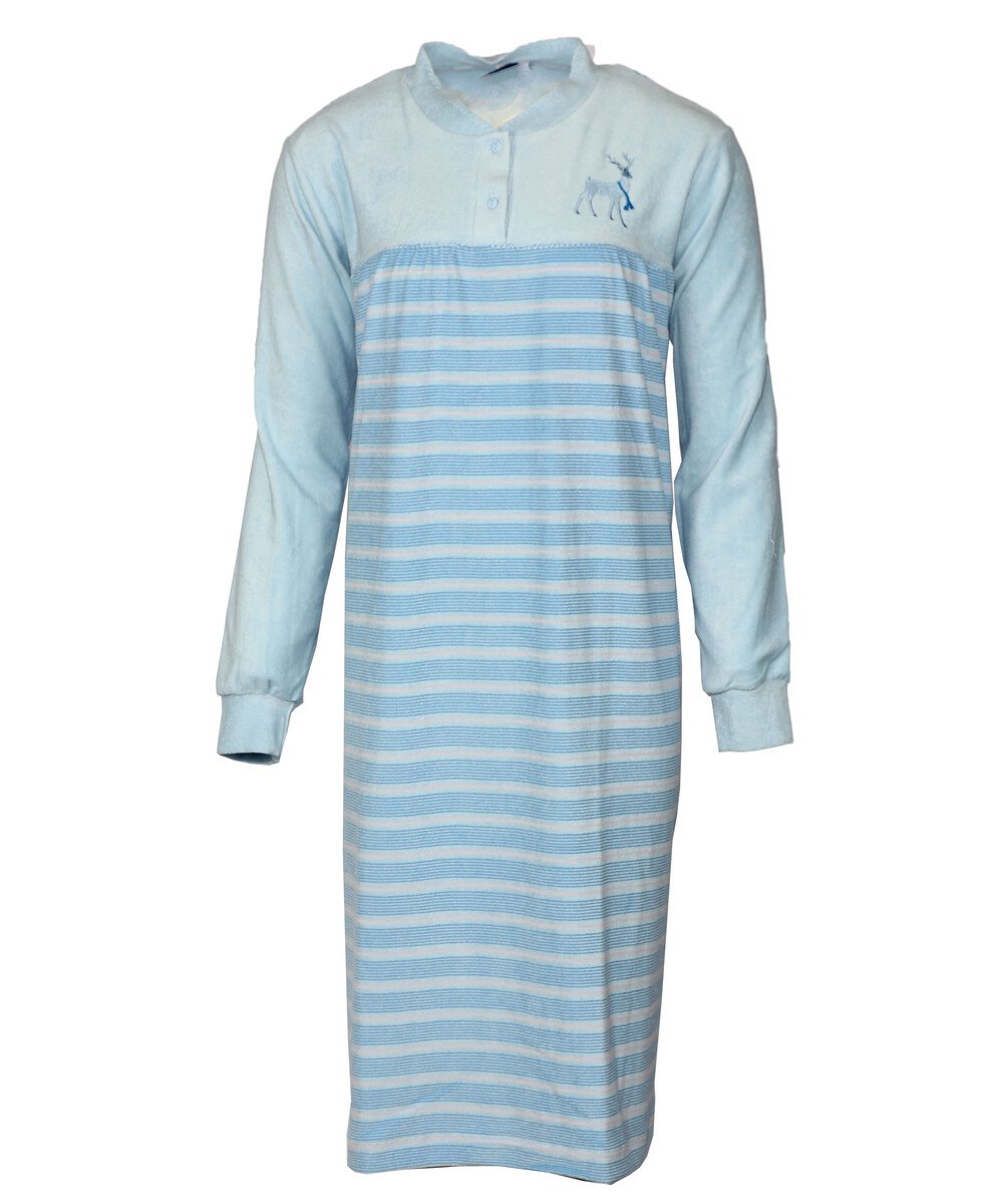 Lunatex badstof nachthemd dames - Lange mouw - Lichtblauw