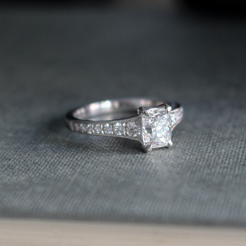 Bespoke Platinum Cushion Cut Diamond Solitaire Ring 1.01ct