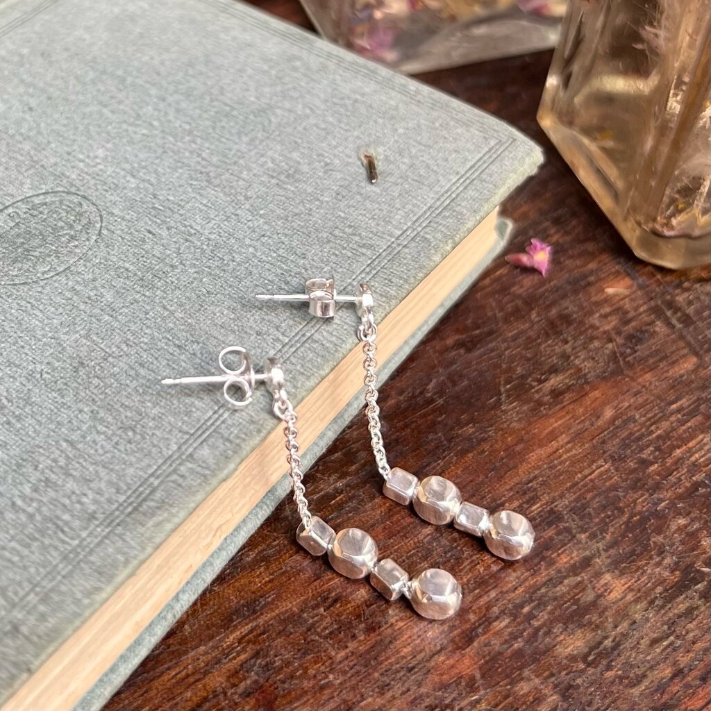Silver Chain Drop Cube Earrings