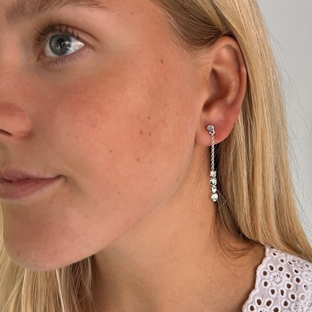 Silver Chain Drop Cube Earrings