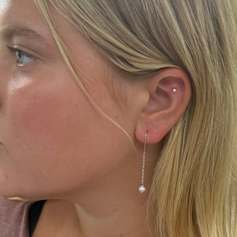 Silver White Pearl Chain Drop Earrings