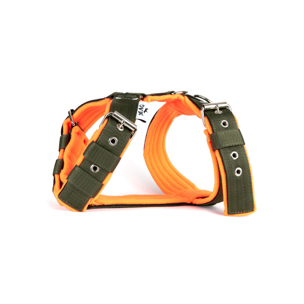 MAG MAG hondentuig met fleece Legergroen/neon oranje MAG MAG hondentuig met fleece Legergroen/neon oranje