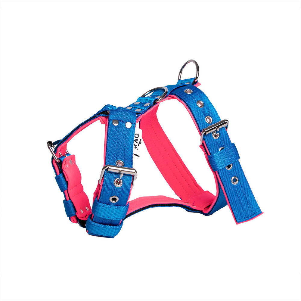 MAG MAG hondentuig met Softshell blauw/neon roze MAG MAG hondentuig met Softshell blauw/neon roze