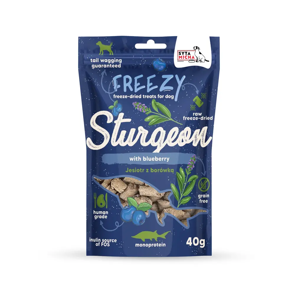 Syta Micha Syta Micha Freezy freeze-dried dog treats Steur en Bosbessen Syta Micha Syta Micha Freezy freeze-dried dog treats Steur en Bosbessen