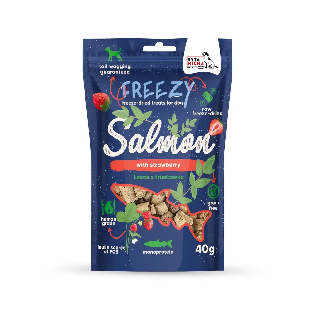 Syta Micha Syta Micha Freezy freeze-dried dog treats Zalm en Aardbei Syta Micha Syta Micha Freezy freeze-dried dog treats Zalm en Aardbei