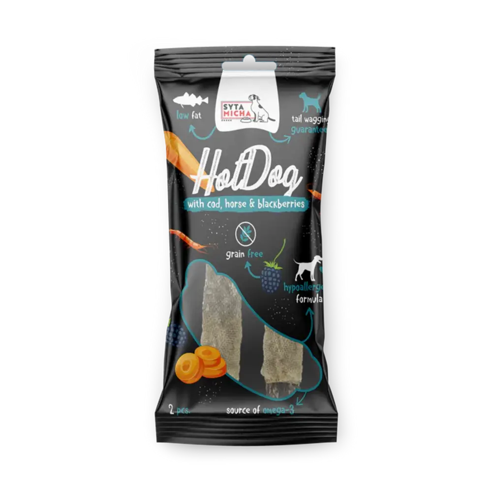 Syta Micha Syta Micha Hotdog Paard met bramen in Kabeljauwhuid Syta Micha Syta Micha Hotdog Paard met bramen in Kabeljauwhuid