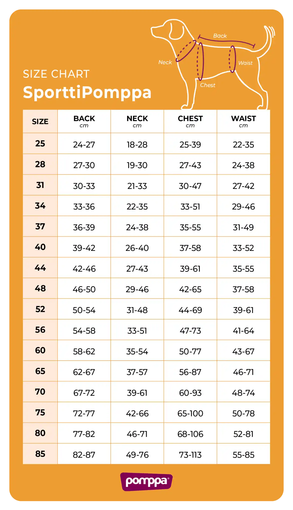 Size Chart SporttiPomppa