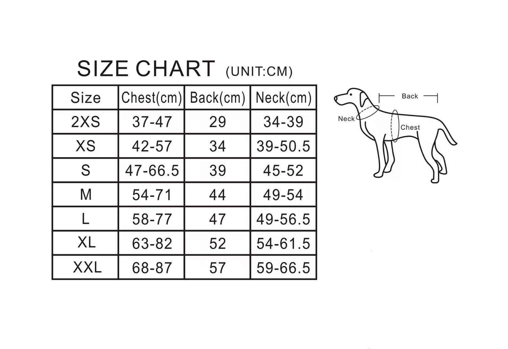 Size Chart Neck, Back and Chest