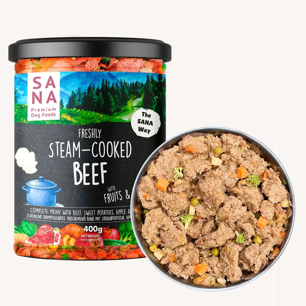 Sana Dog Sanadog Vers Gekookt Menu Rund met zoete aardappel, appel en broccoli Sana Dog Sanadog Vers Gekookt Menu Rund met zoete aardappel, appel en broccoli