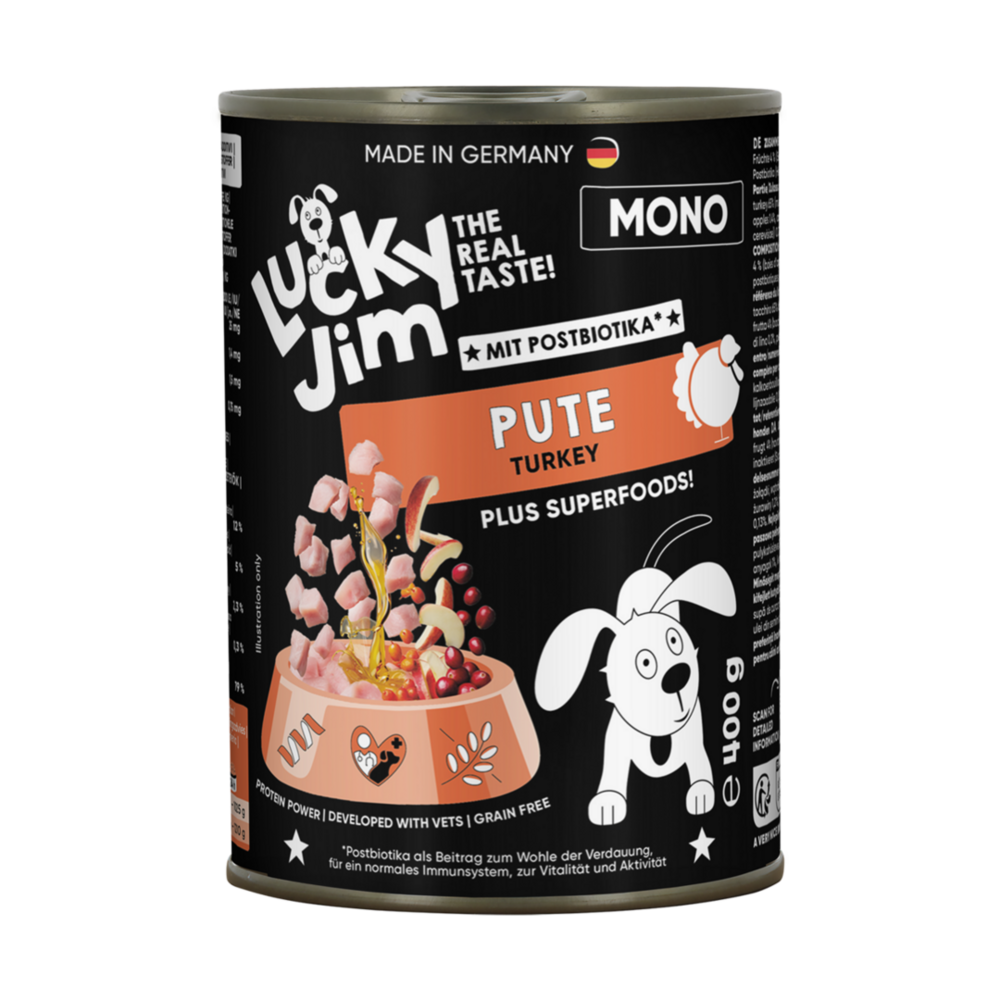 Lucky Jim Lucky Jim Blikvoeding Mono Kalkoen 400 gram Lucky Jim Lucky Jim Blikvoeding Mono Kalkoen 400 gram