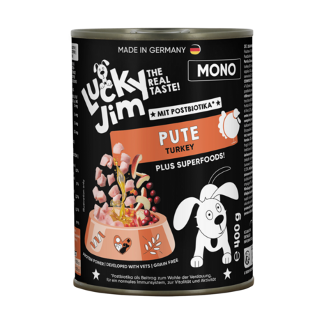 Lucky Jim Lucky Jim Blikvoeding Mono Kalkoen 400 gram Lucky Jim Lucky Jim Blikvoeding Mono Kalkoen 400 gram