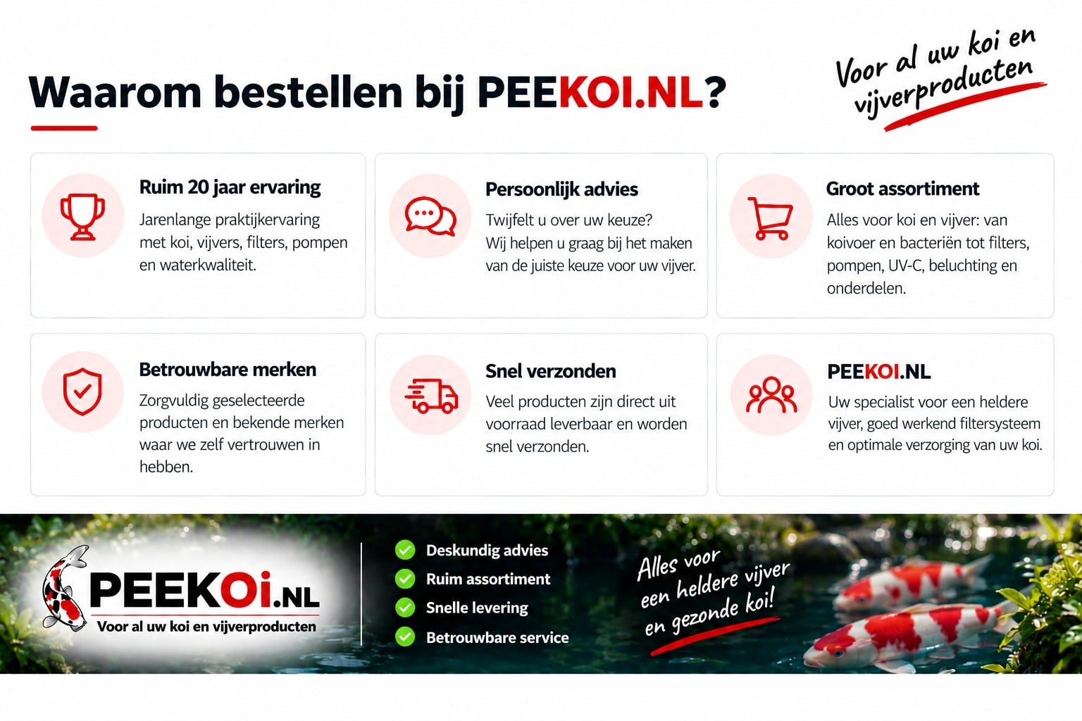 Waarom bestellen bij PEEKOI.NL - ruim 20 jaar ervaring, persoonlijk advies, groot assortiment, betrouwbare merken en snelle verzending