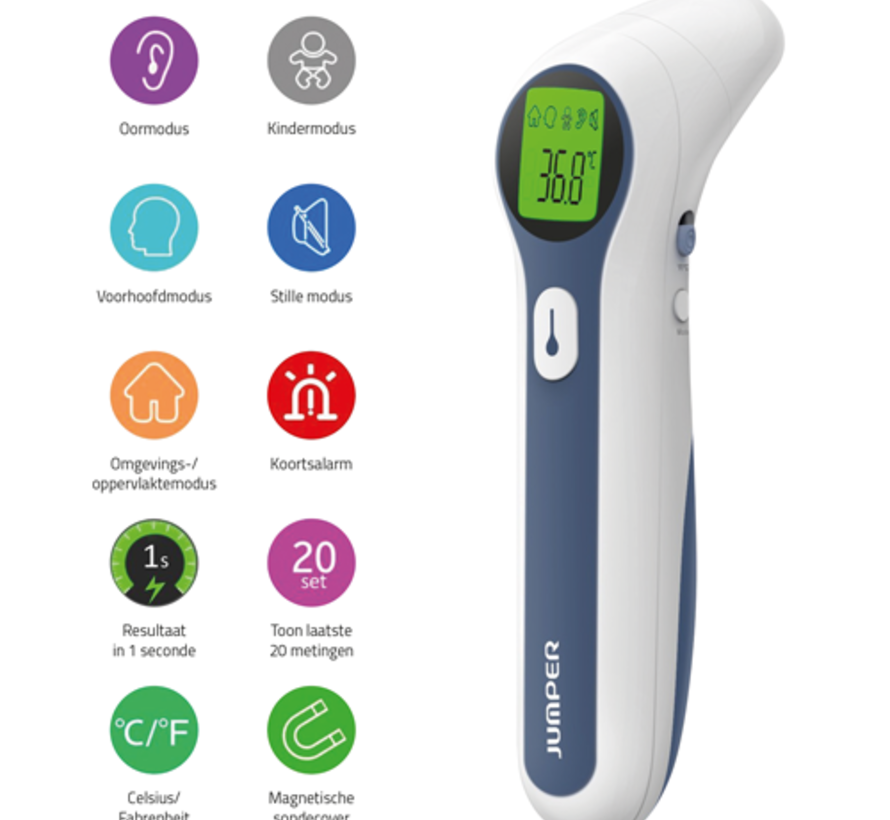 Jumper Koorts Thermometer (voorhoofd-, oor-, omgevingsmodus en oppervlaktemodus)
