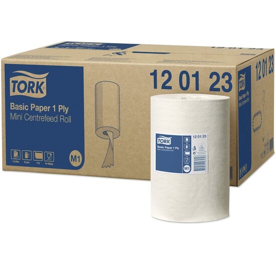 Tork Tork® Mini Centerfeed Poetspapier Dispenser Elevation White M1-systeem (558000) + Tork® Basic Mini Centerfeed poetspapier 21,5cmx120m z-vouw 1-laags 11 rollen (120123)