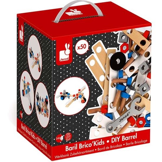 Janod speelgoed Janod - Brico Kids - construction toys - DIY barrel 50pcs + 3 yrs