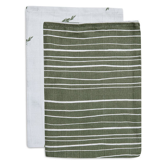 Jollein Jollein hydrofiel washandje Stripe & Olive Leaf Green GOTS 2pack