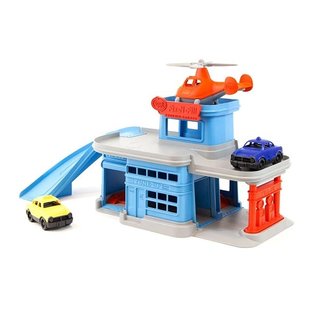 Green Toys parking garage with cars and helicopter