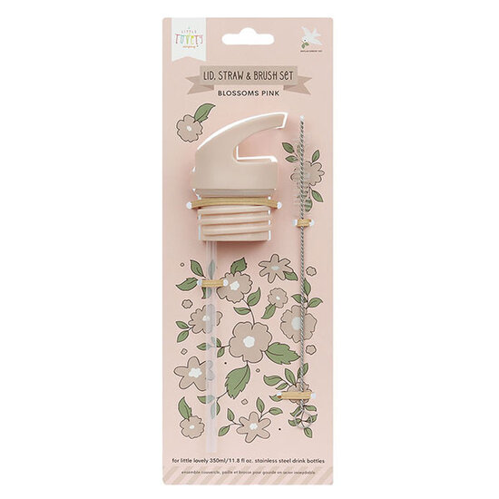 A Little Lovely Company Lid straw and brush set Blossoms-pink