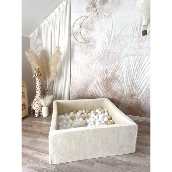 Moje Moje | Piscine à balles carrée en velours doux  - Écru 106x106x40 cm + Balles