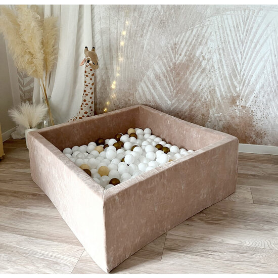 Moje Moje | Bällebad Quadratisch Weicher Samt - Dunkles Beige 106x106x40 cm + Bälle