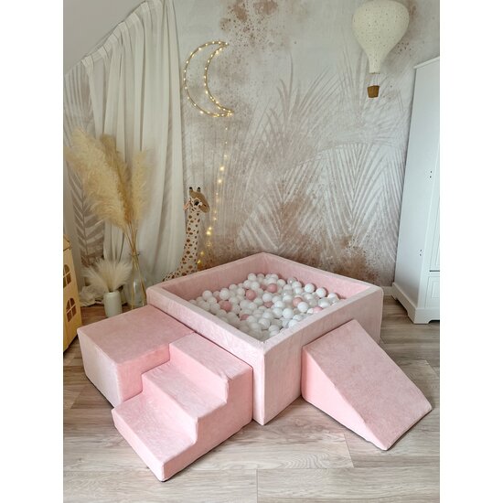 Moje Moje | Weicher Samt 3 Elemente + Bällebad – Hellrosa 106 x 106 x 40 cm + 400 Bälle