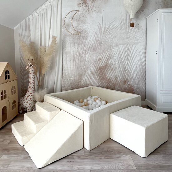 Moje Moje | Weicher Samt 3 Elemente + Bällebad - Ecru 106 x 106 x 40 cm + 400 Bälle